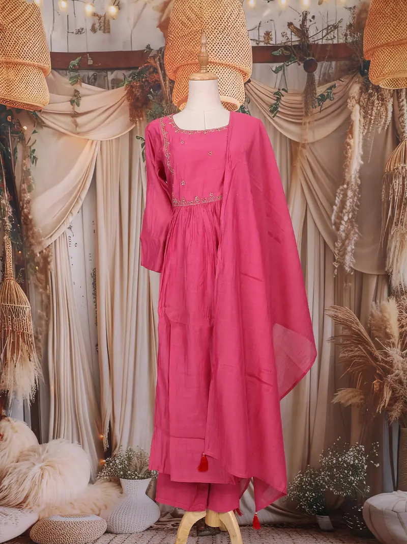 Rani Pink Sequin Embroidered Design Cotton Anarkali Salwar Suit 1