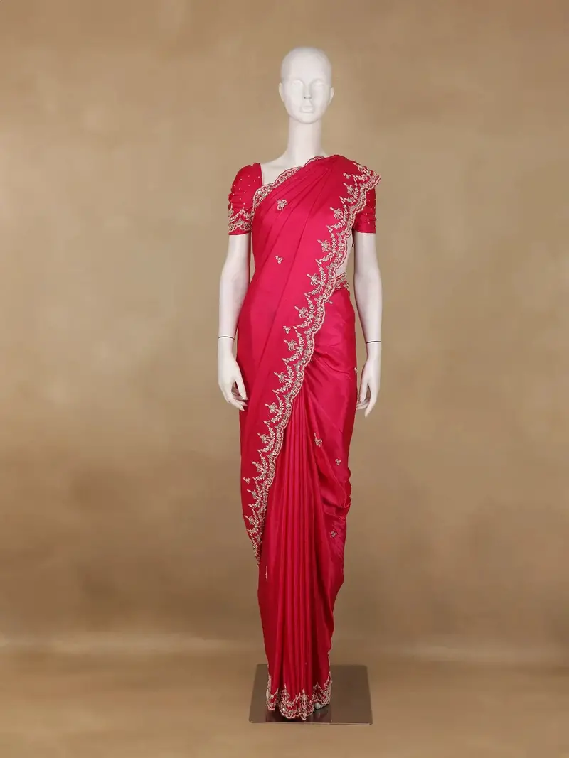 Rani Pink Sequin Emroidered Satin Saree 1