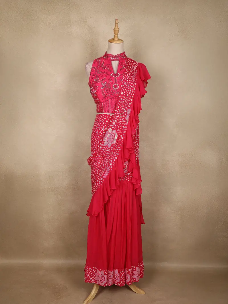 Rani Pink Sequins Embellished Design Georgette Ready To Wear Saree With Designer Blouse 1