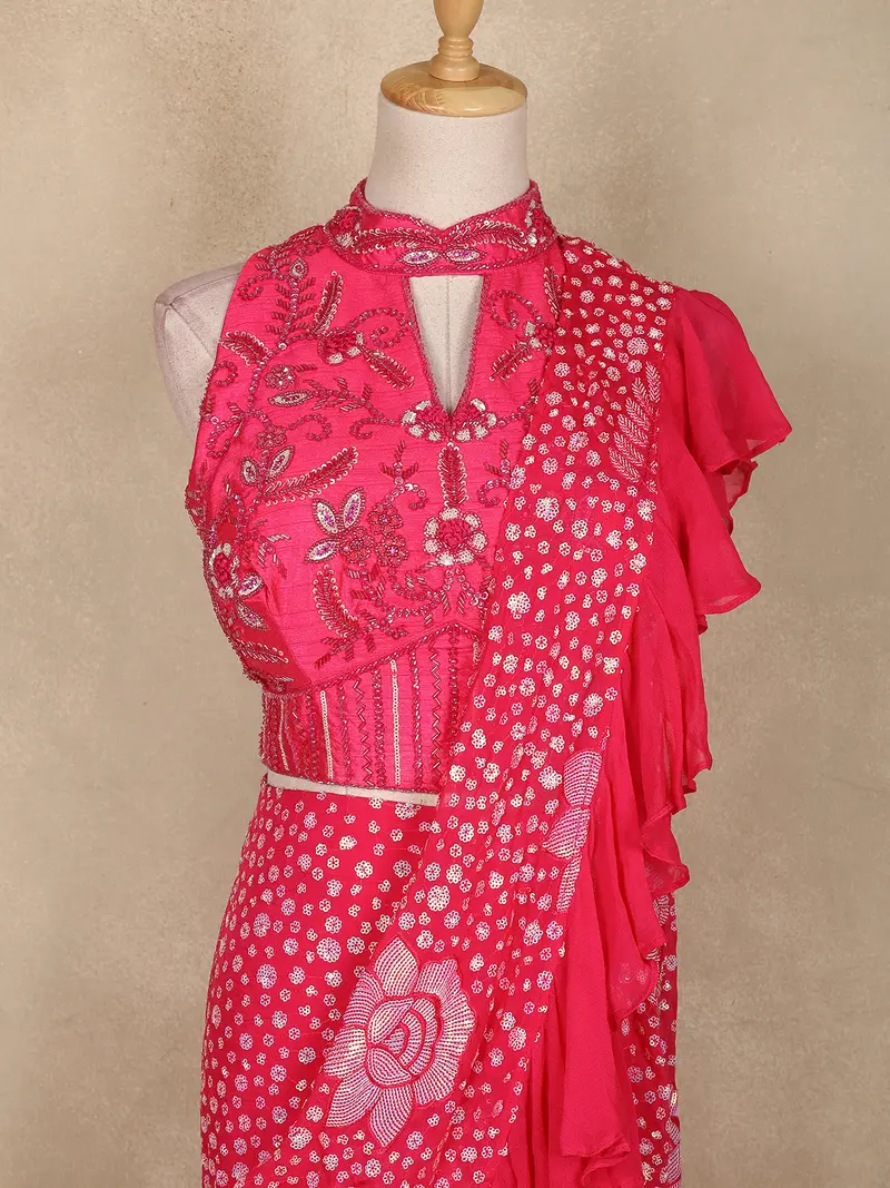 Rani Pink Sequins Embellished Design Georgette Ready To Wear Saree With Designer Blouse 2