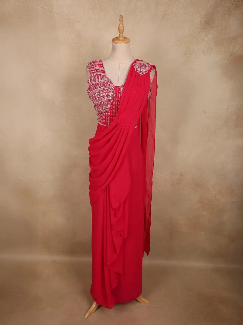 Rani Pink Solid Design Georgette Ready To Wear Saree With Designer Blouse 1
