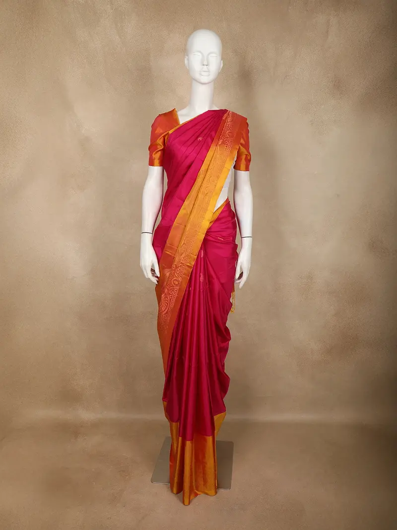 Rani Pink Solid Design Soft Silk Saree With Contrast Yellow Zari Border 1