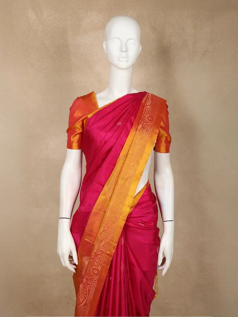 Rani Pink Solid Design Soft Silk Saree With Contrast Yellow Zari Border 2