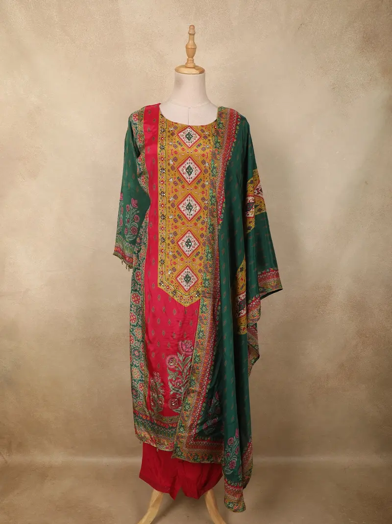 Rani Pink Traditional Motif Printed Design Cotton Straight Cut Salwar Suit With Dupatta 1
