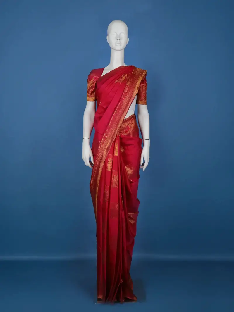 Rani Pink Woven Gold Zari Temple Border Kanchipuram Silk Saree 1
