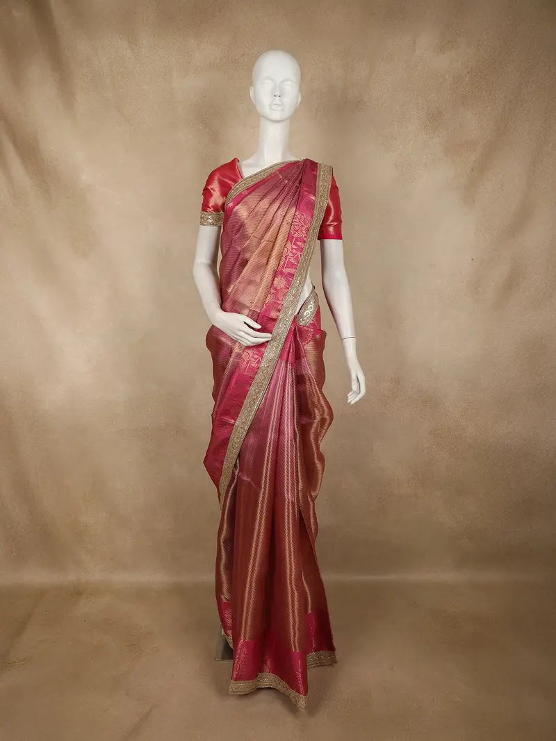 Rani Pink Zari Woven Design Tissue Silk Saree With Designer Border 1