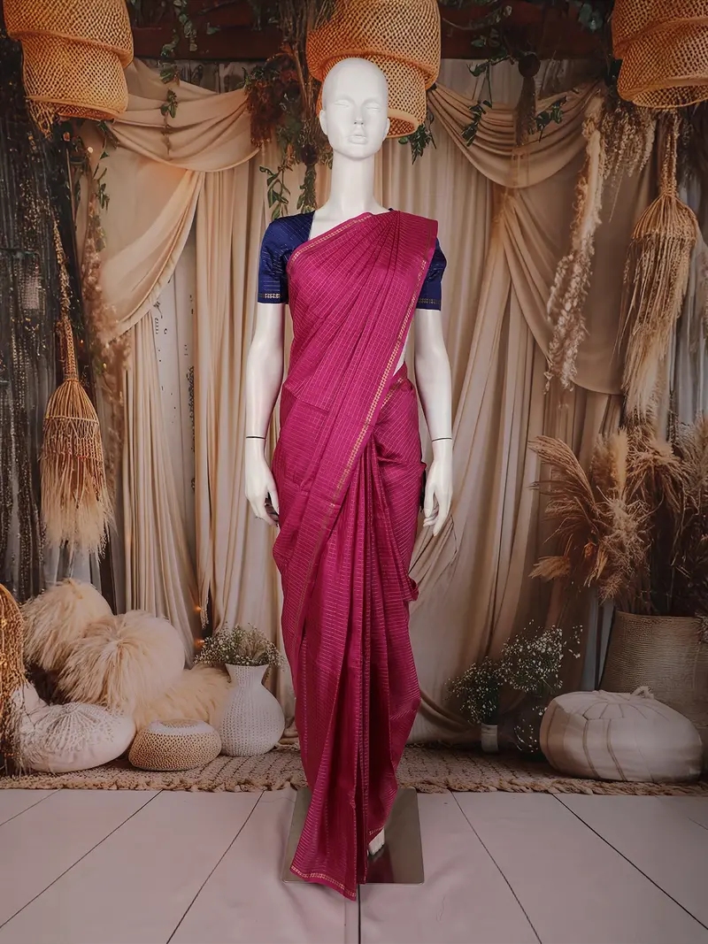 Raspberry Magenta Pink Mini Checks Design Soft Silk Fancy Wear Saree 1