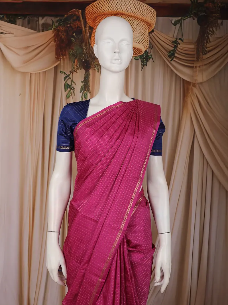 Raspberry Magenta Pink Mini Checks Design Soft Silk Fancy Wear Saree 2