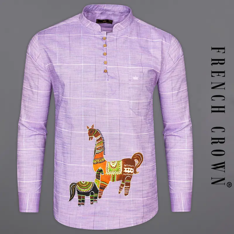Raspberry Pink With Iris Blue Checkered Ancient Hand Painted Dobby Kurta Designer Shirt 1