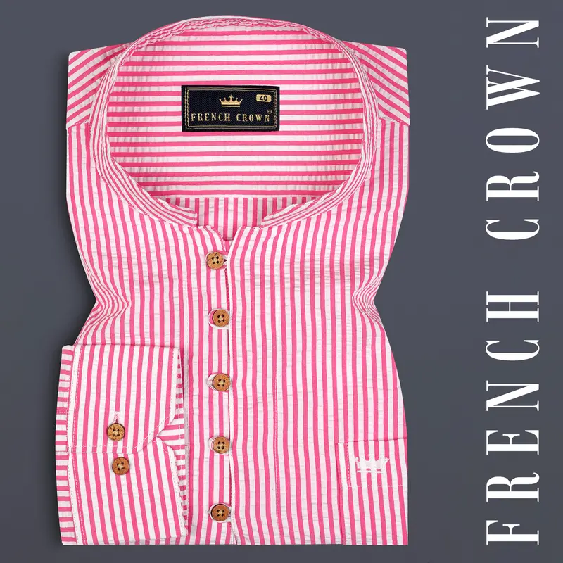 Raspberry Pink With Vista White Striped Seersucker Giza Cotton Kurta Shirt 1