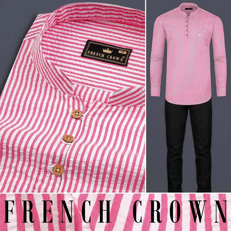 Raspberry Pink With Vista White Striped Seersucker Giza Cotton Kurta Shirt 10