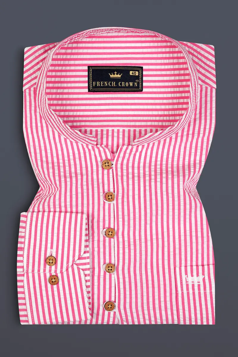 Raspberry Pink With Vista White Striped Seersucker Giza Cotton Kurta Shirt 2