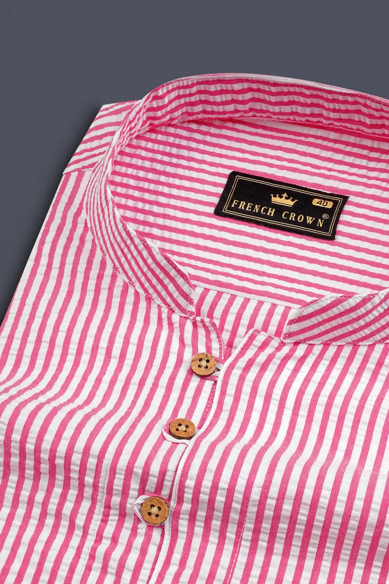 Raspberry Pink With Vista White Striped Seersucker Giza Cotton Kurta Shirt 4