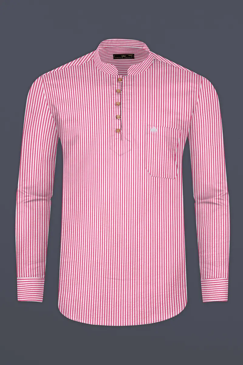 Raspberry Pink With Vista White Striped Seersucker Giza Cotton Kurta Shirt 5