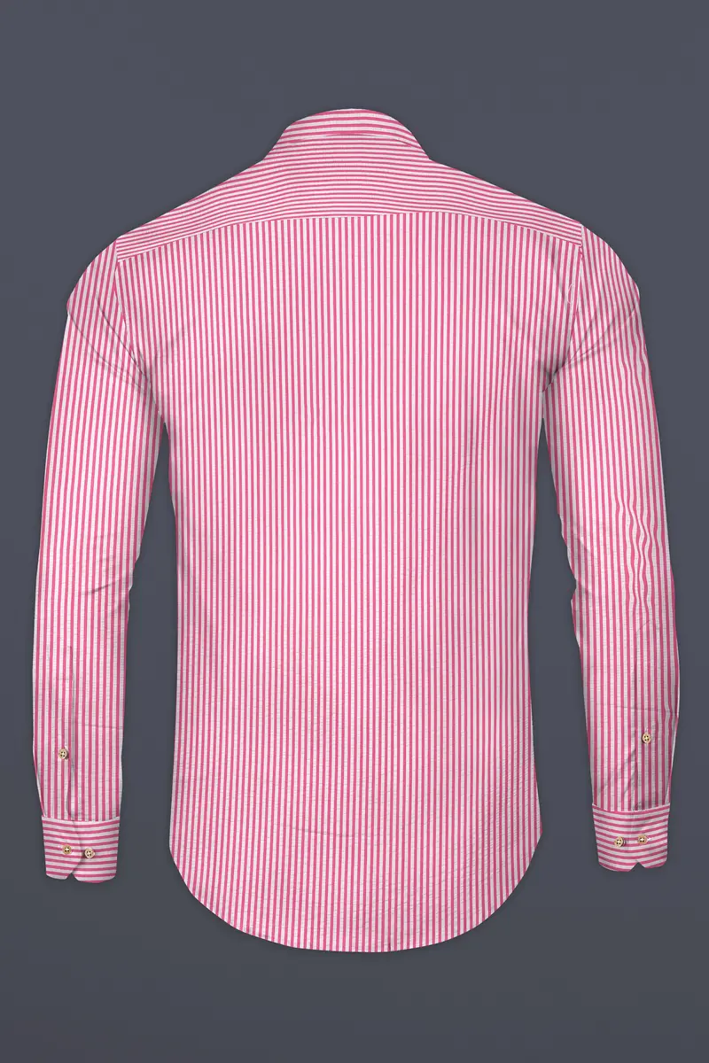 Raspberry Pink With Vista White Striped Seersucker Giza Cotton Kurta Shirt 6