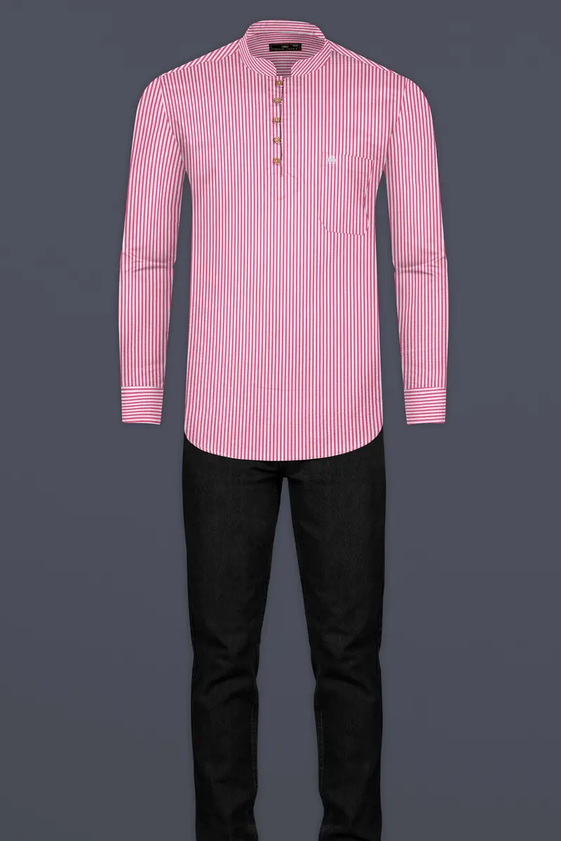 Raspberry Pink With Vista White Striped Seersucker Giza Cotton Kurta Shirt 7
