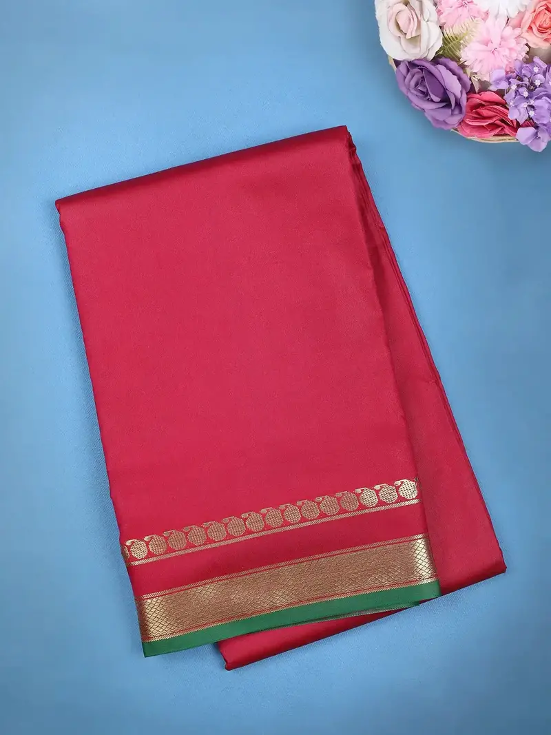 Raspberry Red With A Gold Zari Border And Green Selvedge Edge Soft Silk Saree 1