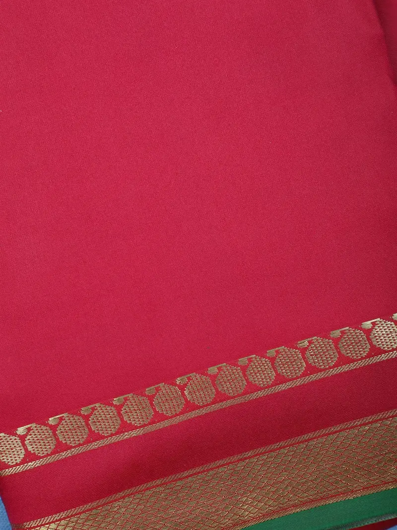 Raspberry Red With A Gold Zari Border And Green Selvedge Edge Soft Silk Saree 2