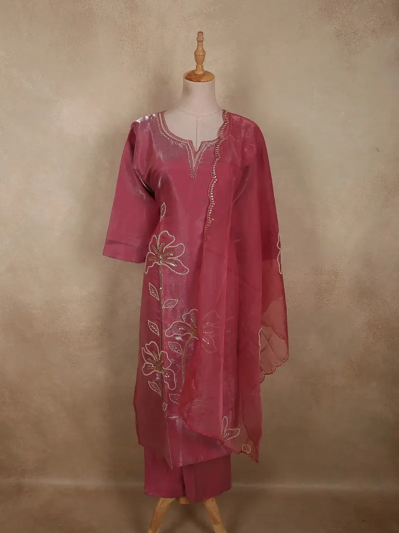 Raspberry Rose Pink Floral Sequins And Beads Embroidered Design Organza Salwar Suit 1