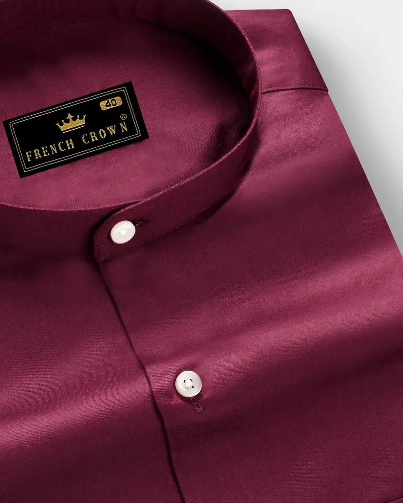 Raspberry-Wine Berry Solid Maroon Subtle Sheen Super Soft Premium Cotton Semi Formal Mandarin Collar Shirt 1