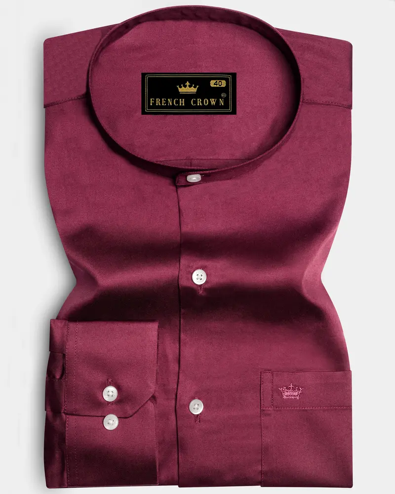 Raspberry-Wine Berry Solid Maroon Subtle Sheen Super Soft Premium Cotton Semi Formal Mandarin Collar Shirt 10