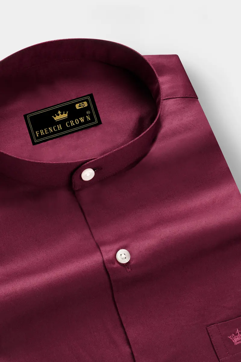 Raspberry-Wine Berry Solid Maroon Subtle Sheen Super Soft Premium Cotton Semi Formal Mandarin Collar Shirt 2
