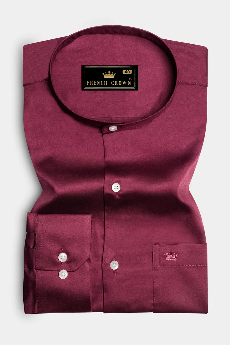 Raspberry-Wine Berry Solid Maroon Subtle Sheen Super Soft Premium Cotton Semi Formal Mandarin Collar Shirt 4