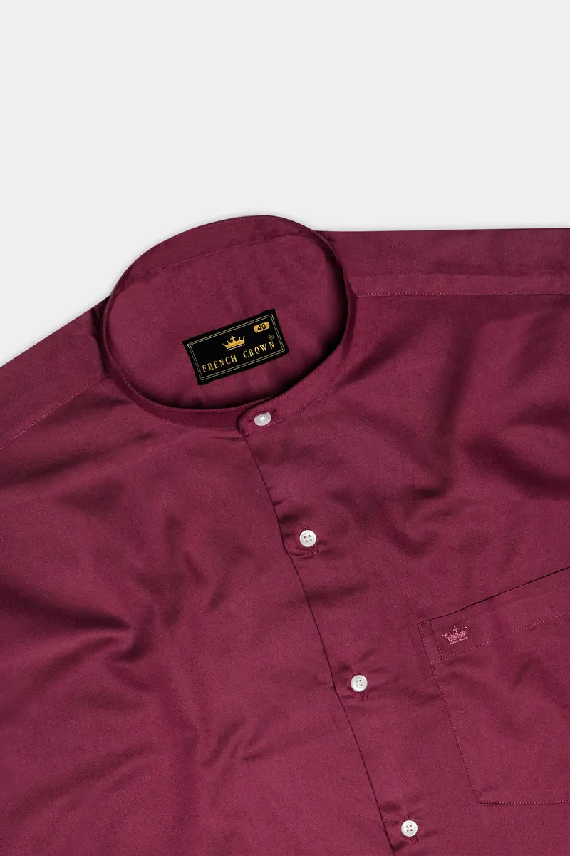 Raspberry-Wine Berry Solid Maroon Subtle Sheen Super Soft Premium Cotton Semi Formal Mandarin Collar Shirt 5