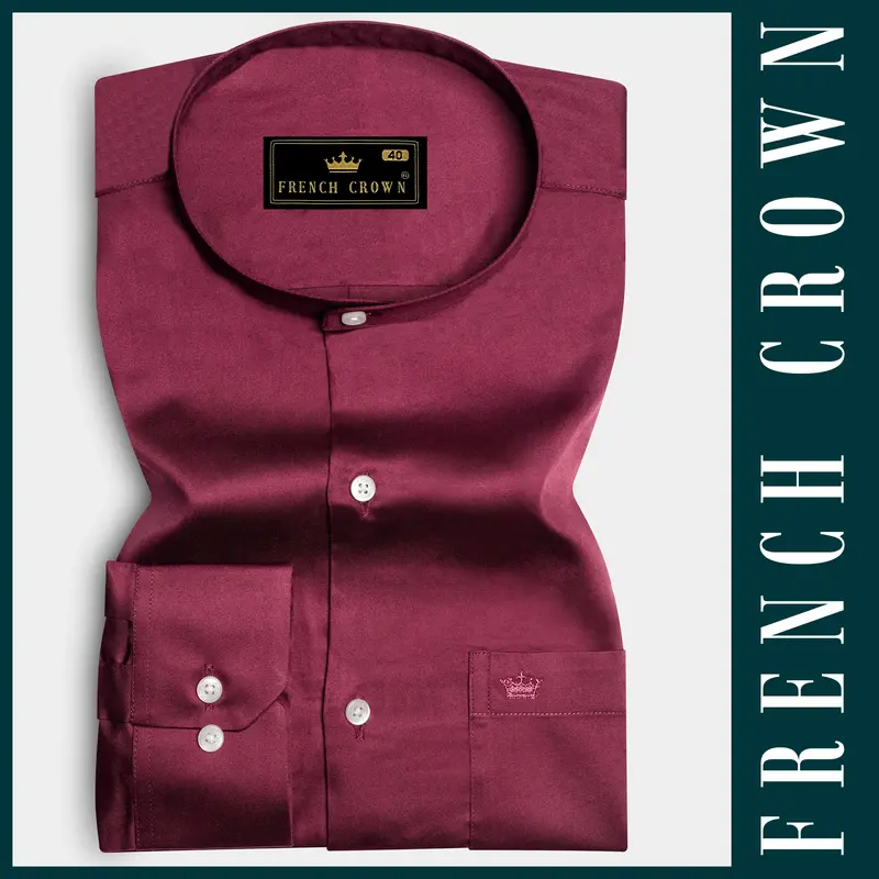 Raspberry-Wine Berry Solid Maroon Subtle Sheen Super Soft Premium Cotton Semi Formal Mandarin Collar Shirt 6