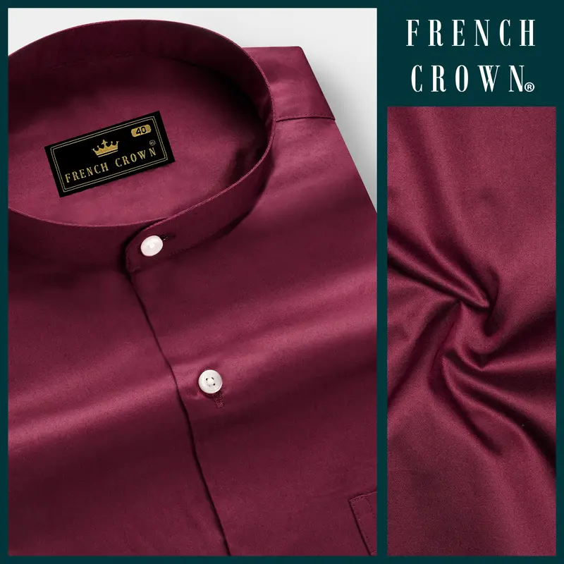 Raspberry-Wine Berry Solid Maroon Subtle Sheen Super Soft Premium Cotton Semi Formal Mandarin Collar Shirt 8