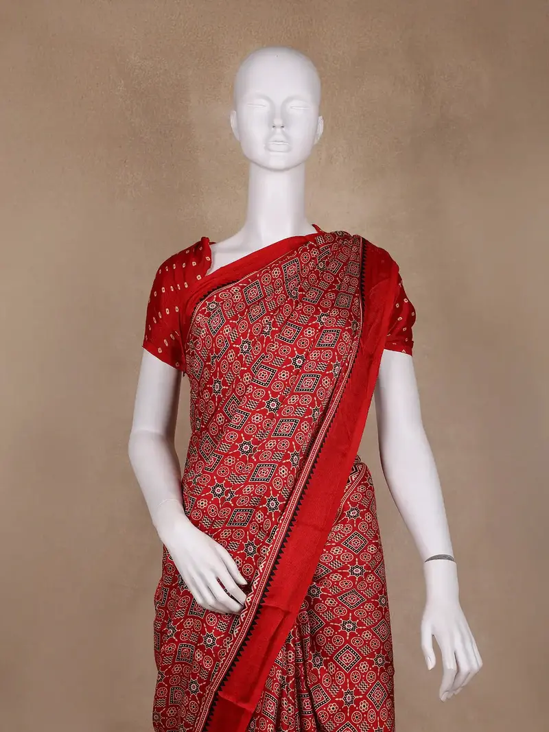 Red Ajrak Printed Mul Mul Cotton Saree 2