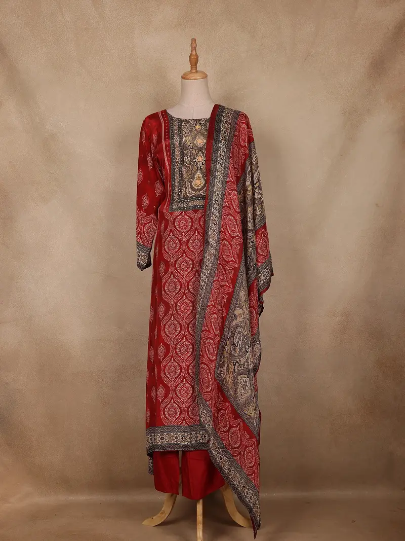 Red Ajrakh Printed Crepe Salwar Suit With Dupatta 1
