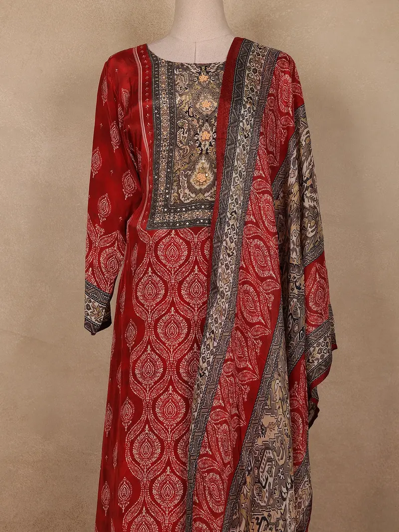 Red Ajrakh Printed Crepe Salwar Suit With Dupatta 2