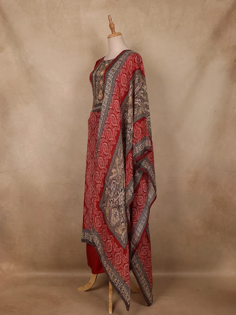 Red Ajrakh Printed Crepe Salwar Suit With Dupatta 3