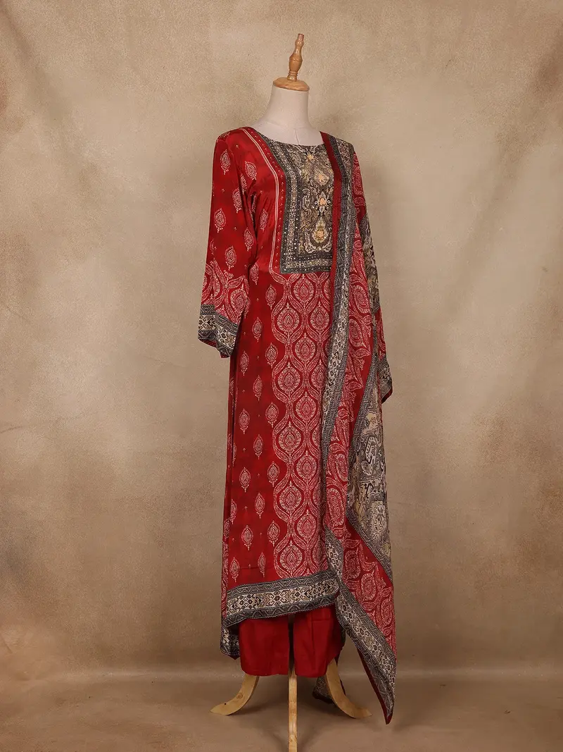 Red Ajrakh Printed Crepe Salwar Suit With Dupatta 4
