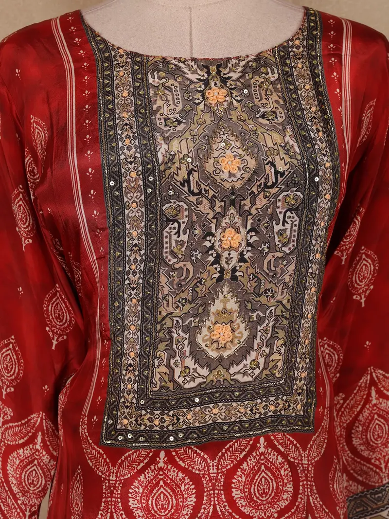 Red Ajrakh Printed Crepe Salwar Suit With Dupatta 5