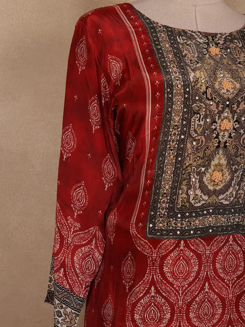 Red Ajrakh Printed Crepe Salwar Suit With Dupatta 6