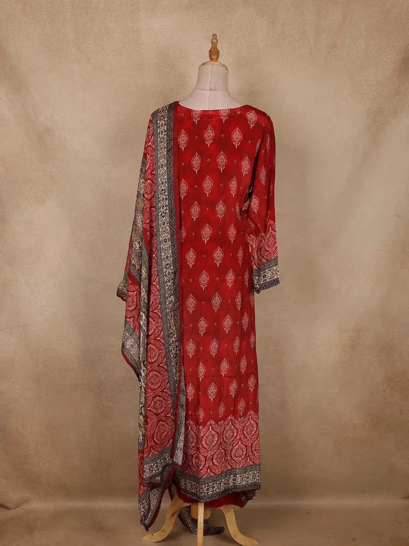 Red Ajrakh Printed Crepe Salwar Suit With Dupatta 7