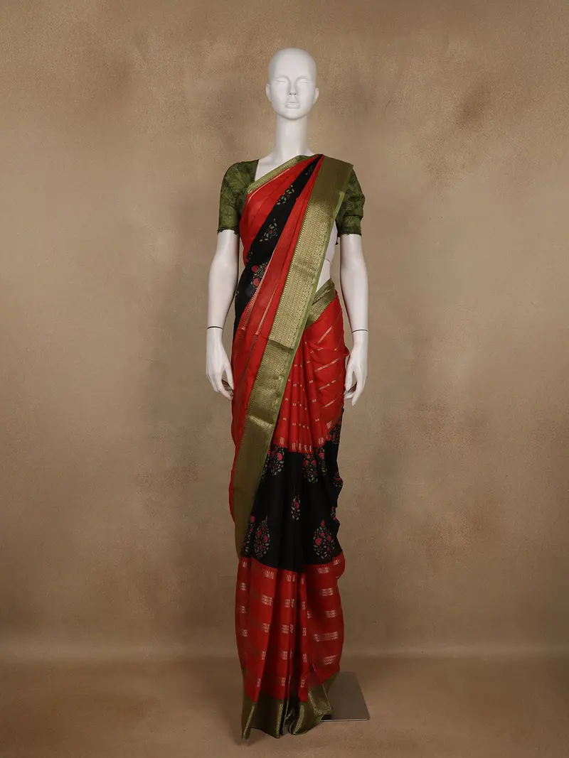 Red And Black Floral Butta Striped Design Mul Mul Cotton Saree With Zari Border 1