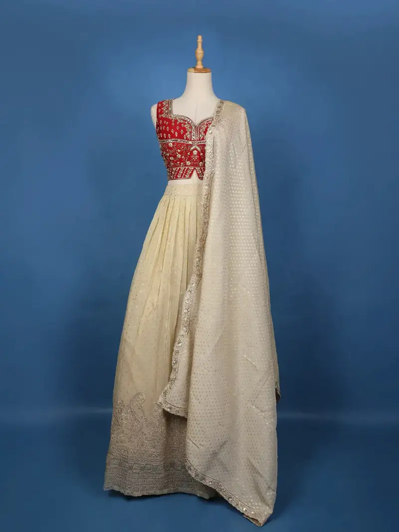 Red And Cream Floral Embroidered Tissue Lehenga With Dupatta 1