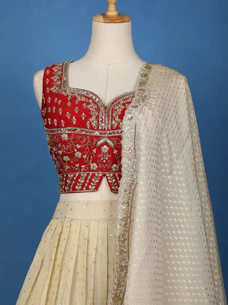 Red And Cream Floral Embroidered Tissue Lehenga With Dupatta 2