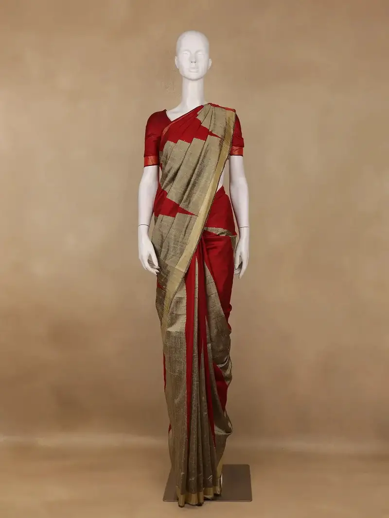 Red And Golden Beige Geometric Pattern Woven Tussar Silk Saree 1