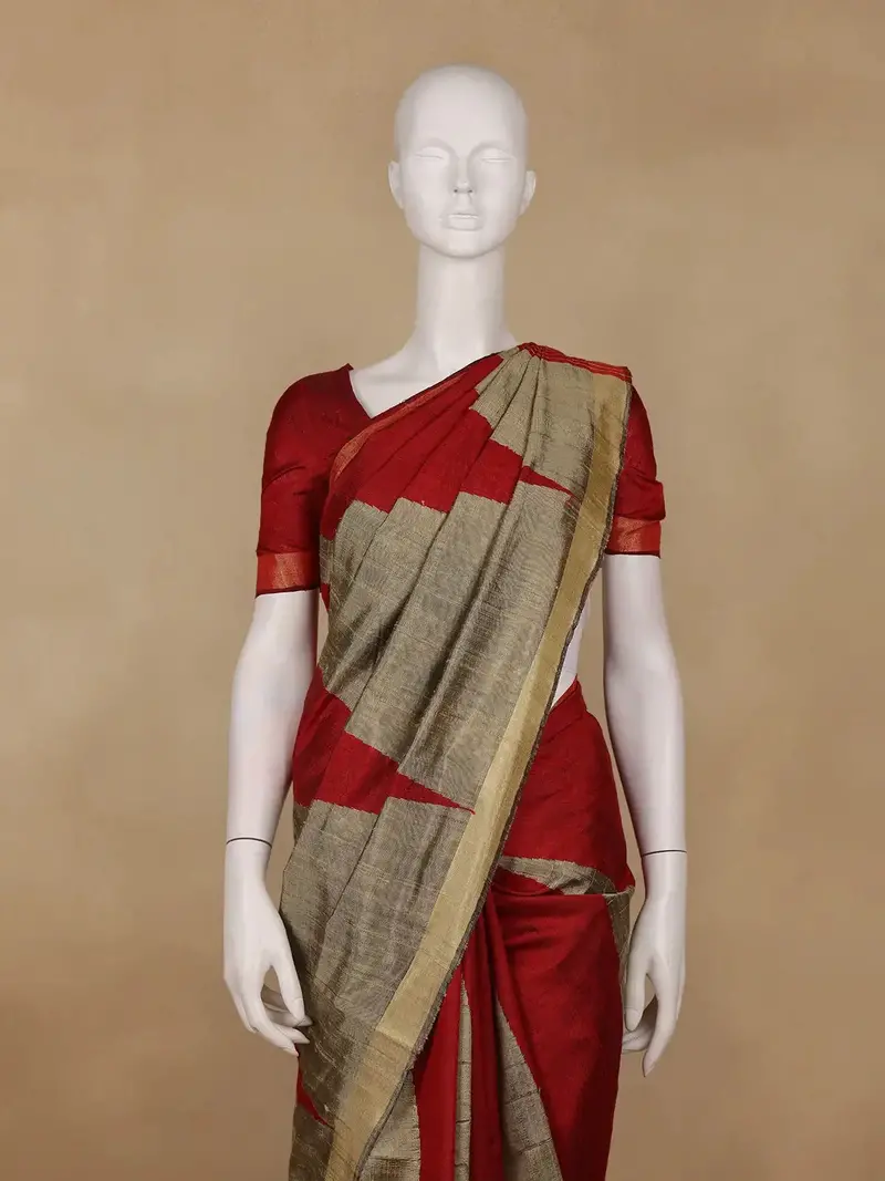 Red And Golden Beige Geometric Pattern Woven Tussar Silk Saree 2