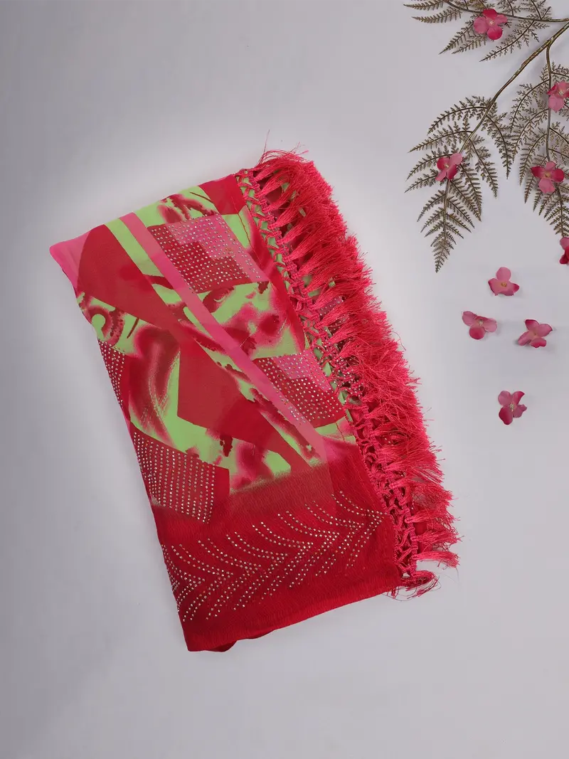 Red And Green Abstract Printed Design Chiffon Saree With Stone Embellished Border 1