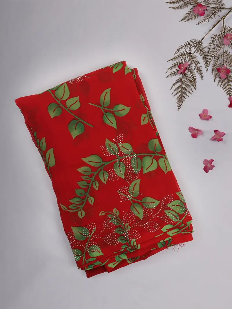 Red And Green Leaf Printed Design Chiffon Saree With Stone Embellished Border 1