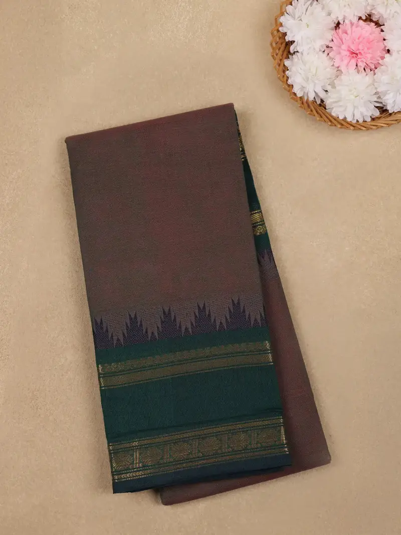 Red And Green Solid Design Cotton Saree With Temple Zari Border 1