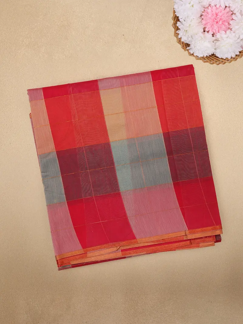 Red And Grey Checked Design Cotton Saree With Contrast Border 1