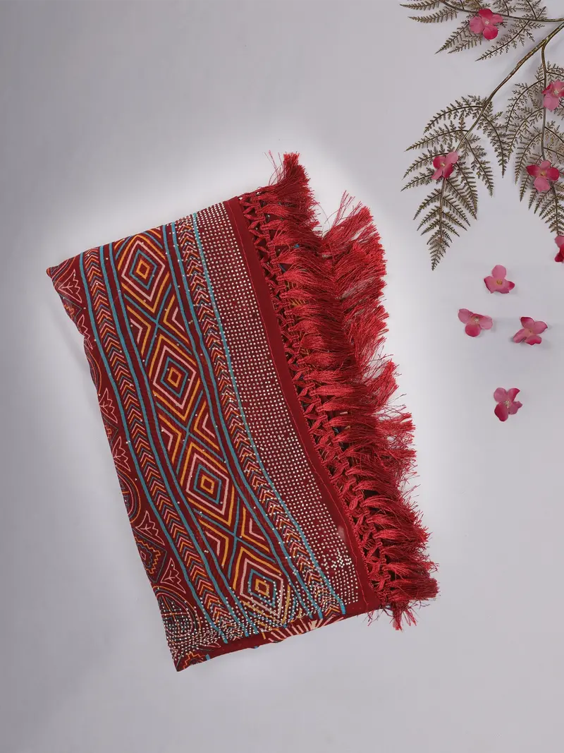 Red And Maroon Geometric Printed Design Chiffon Saree With Stone Embellished Border 1
