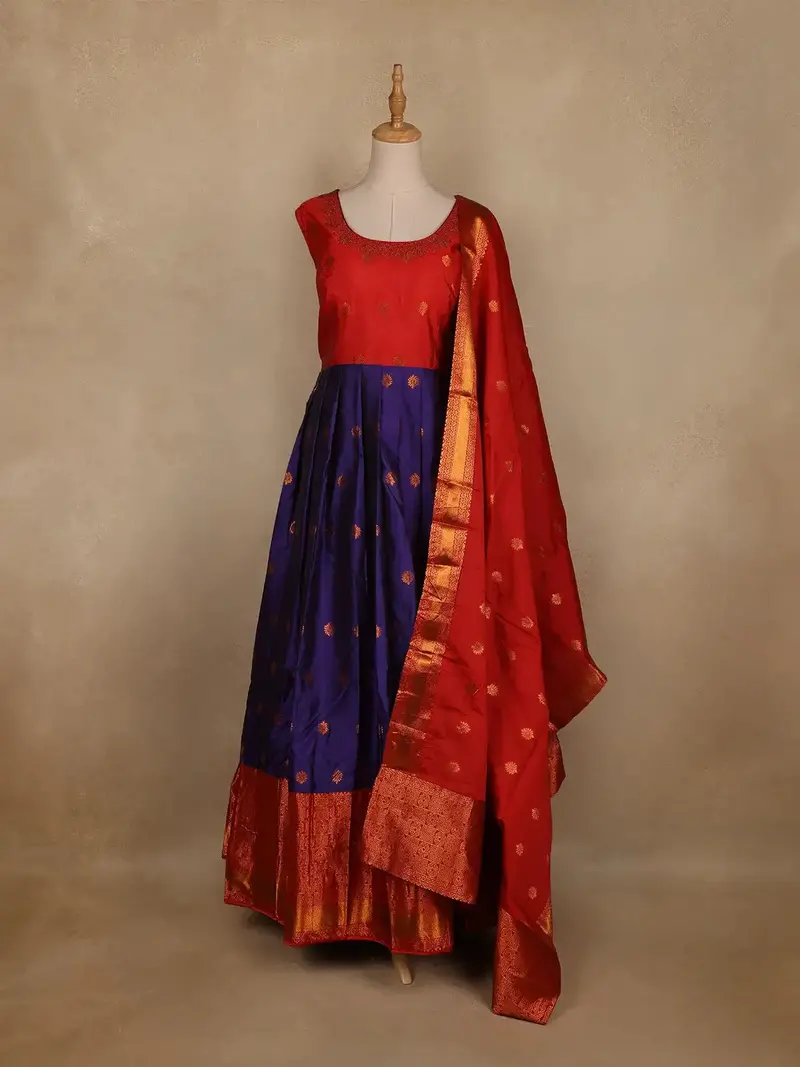 Red And Navy Blue Floral Woven Banarasi Silk Gown With Dupatta 1
