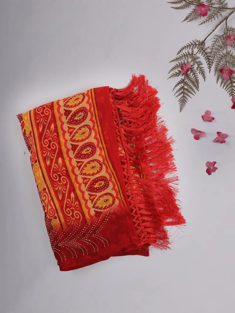 Red And Orange Floral Printed Design Chiffon Saree With Stone Embellished Border 1